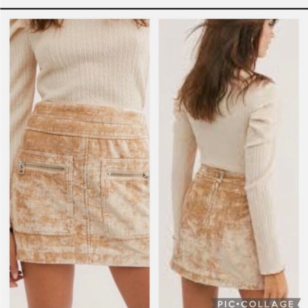 Free People Crushed Velvet Mini Skirt Beige Y2K Boho Zip Front Size 0